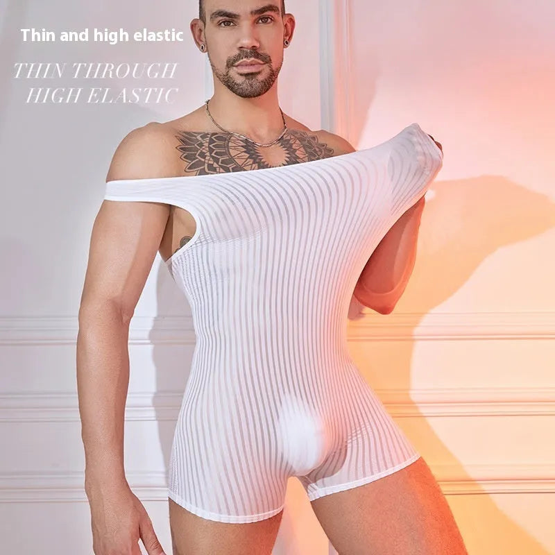 Men's black and white vertically striped lightweight nylon jumpsuit laid flat.