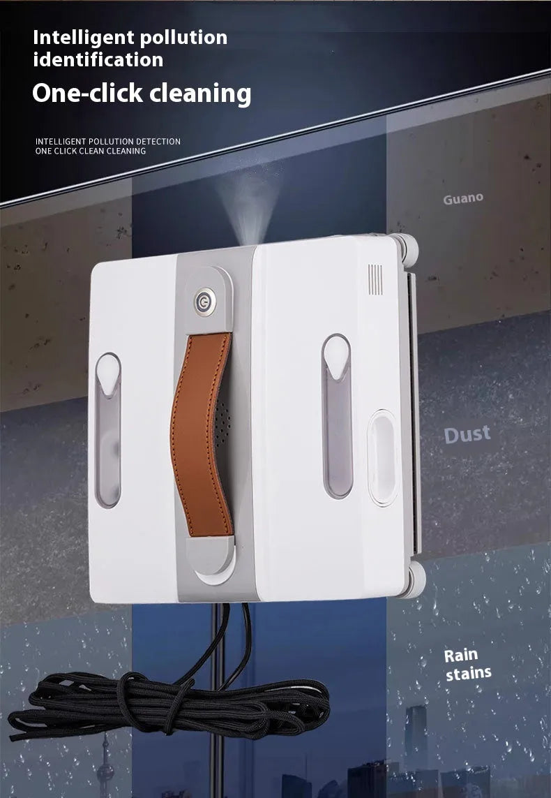 White intelligent window cleaning robot for high-rise windows with voice and app control.