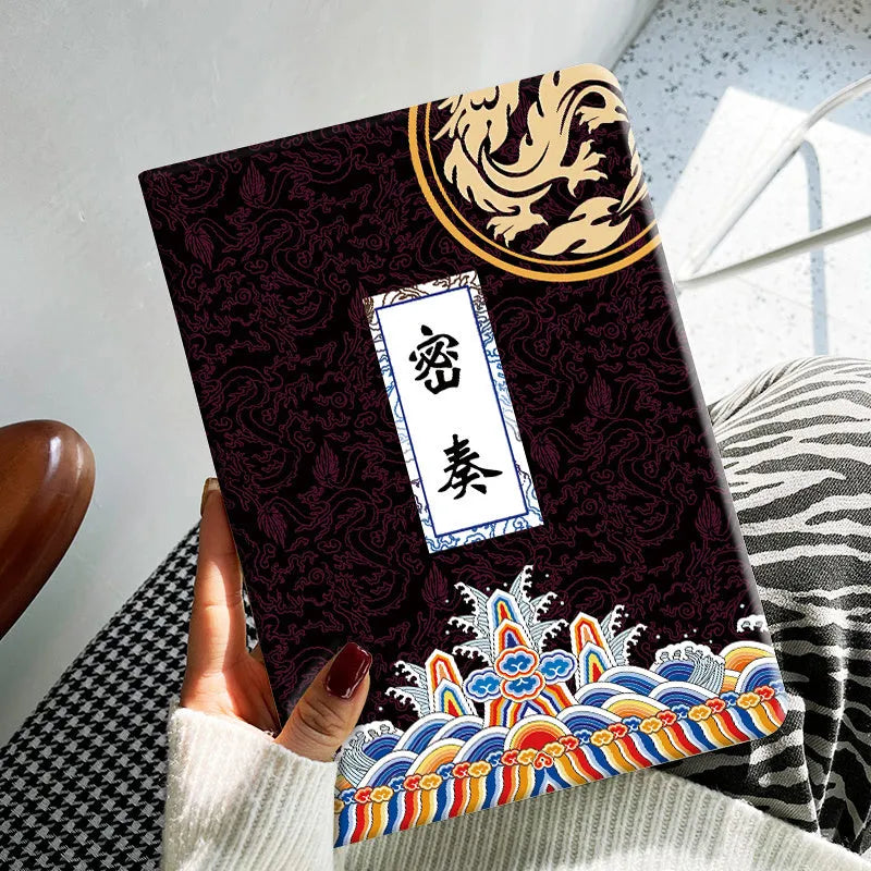 Cartoon leather design TPU protection case for an iPad tablet on a table.