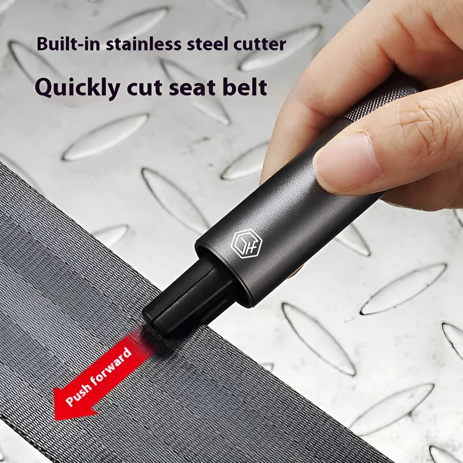 Gun grey aluminium alloy car emergency hammer with seatbelt cutter and glass breaker, 87mm length