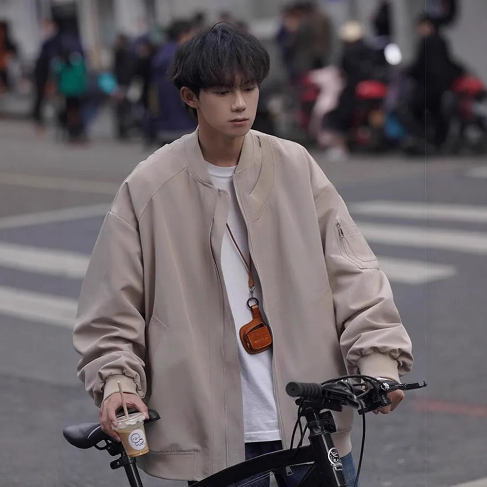 Men's loose pilot jacket in gray, black, and green, cotton blend with polyester lining, long sleeve straight hem Korean style