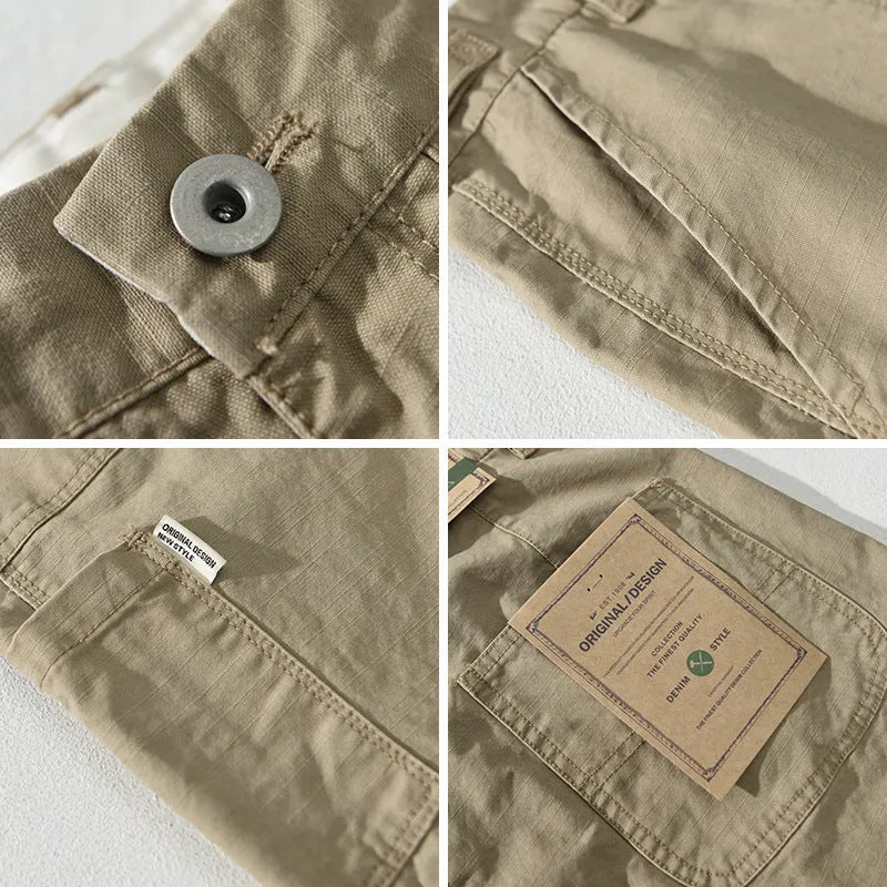 Men's straight-leg cotton casual trousers in apricot colour on a hanger