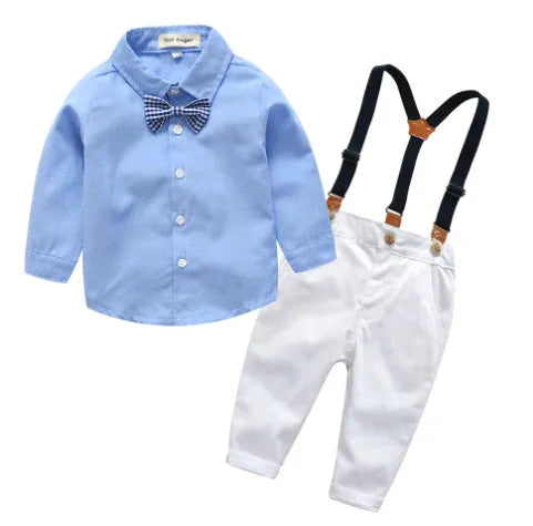 Boys blue gentleman bib pant suit with long sleeves and bow tie, Korean style two-piece set