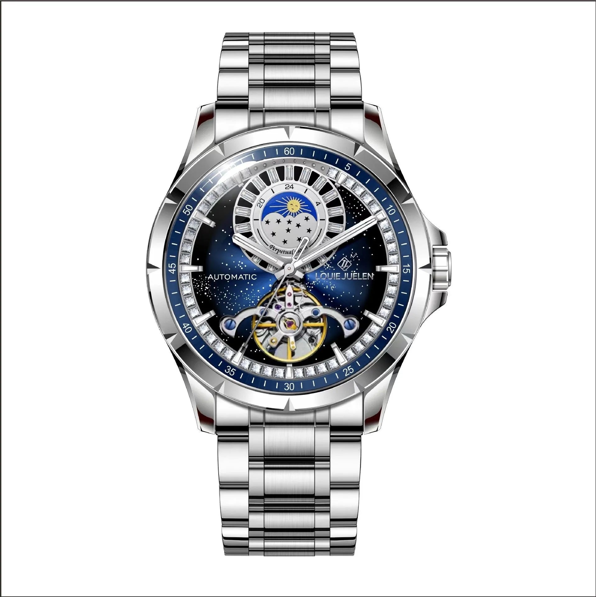 Men's silver alloy automatic watch with blue dial and stainless steel butterfly clasp strap.