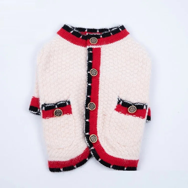 Blue wool dog cardigan sweater with princess-style collar on a mannequin