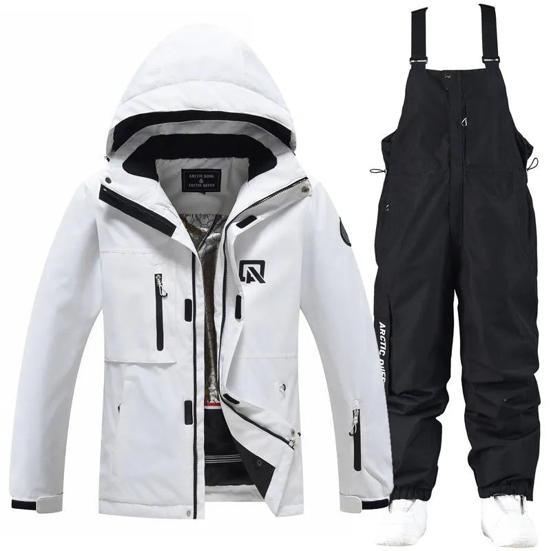 Blue and black unisex waterproof winter ski suit with top and pants for snow sports