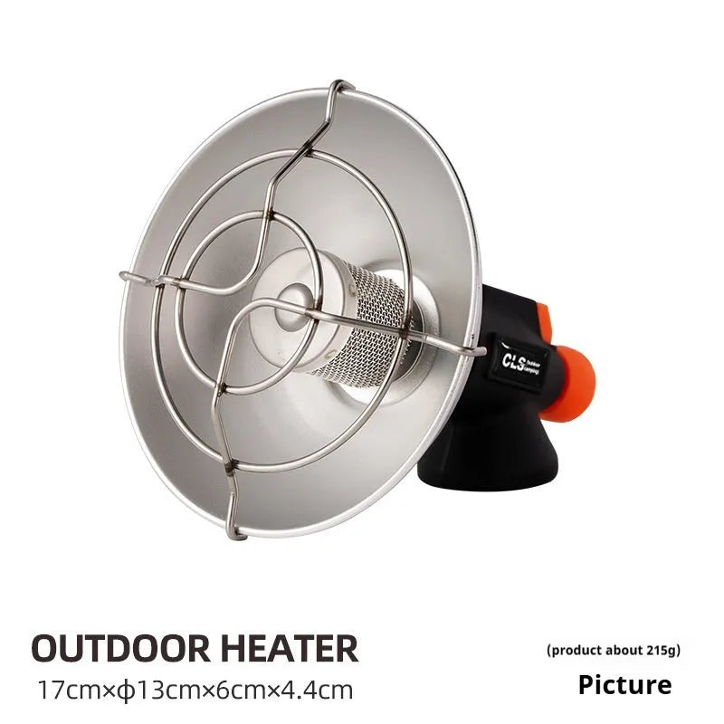 Black and orange portable gas heating stove for camping with automatic ignition.