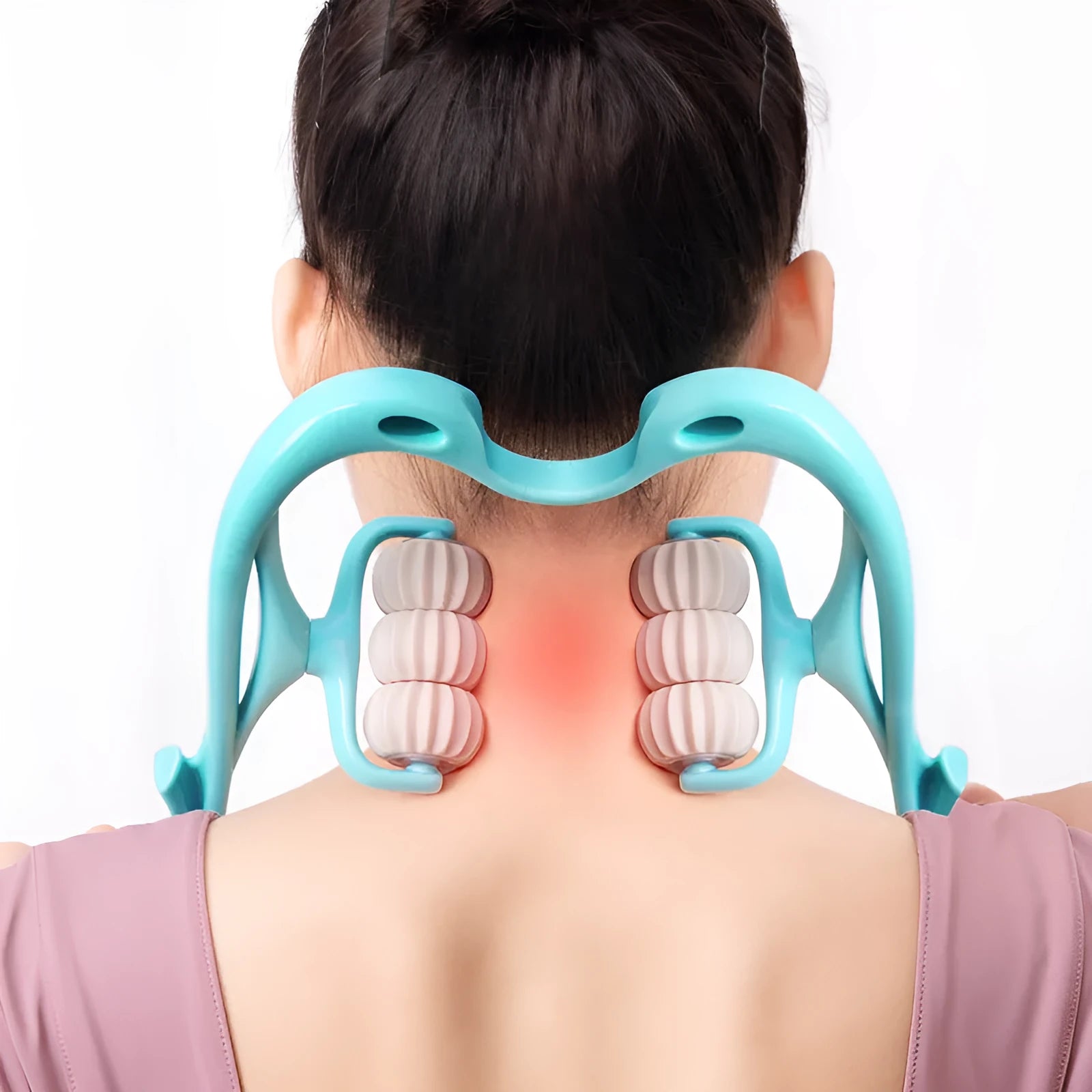 Blue swan-shaped manual neck massager with six wheels and natural jade scraping board on white background