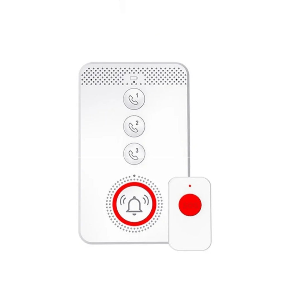 White one-click emergency alert device for the elderly showing a central buzzer unit and three remote panic buttons.