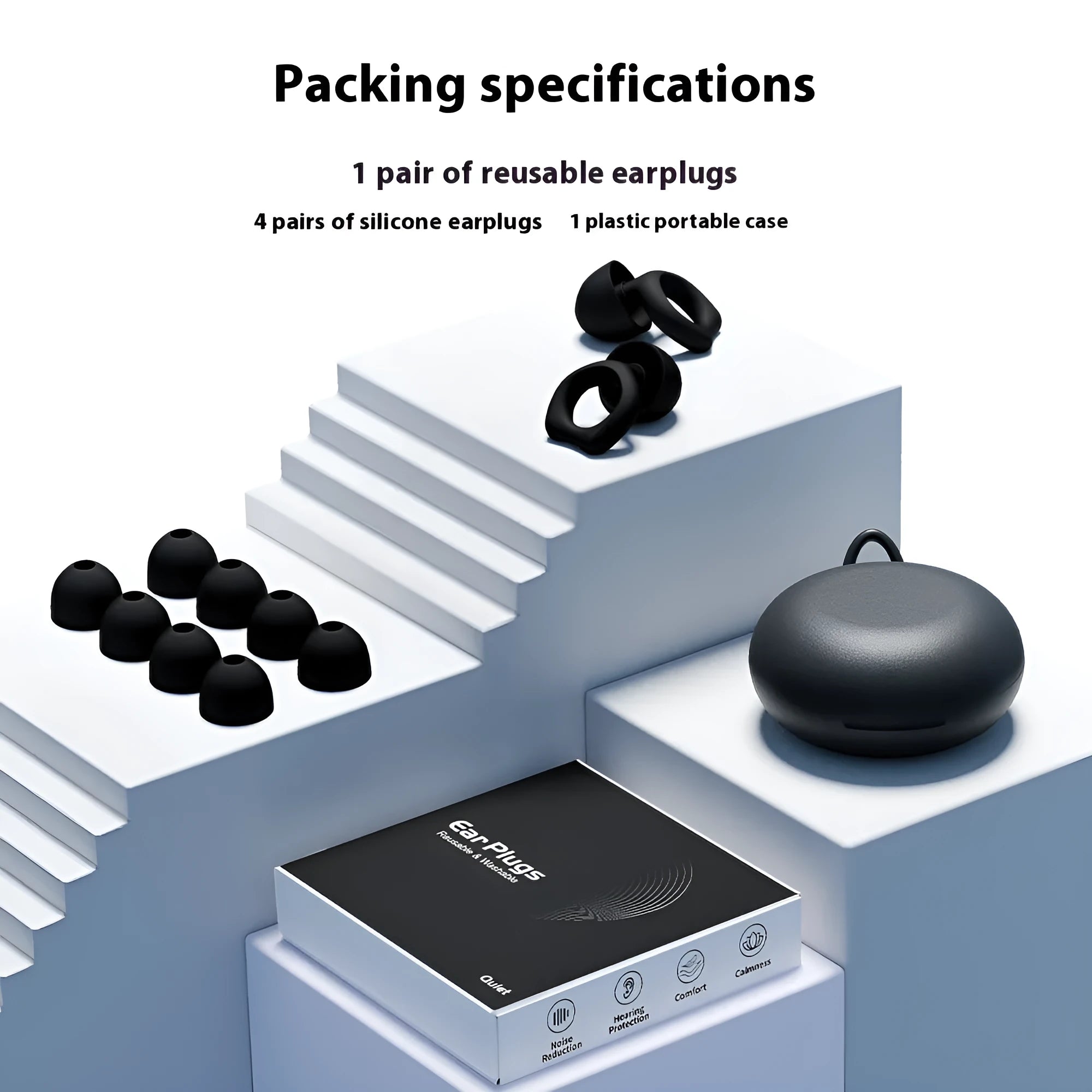 A pair of silicone soundproof earplugs in various colour options on a white background.