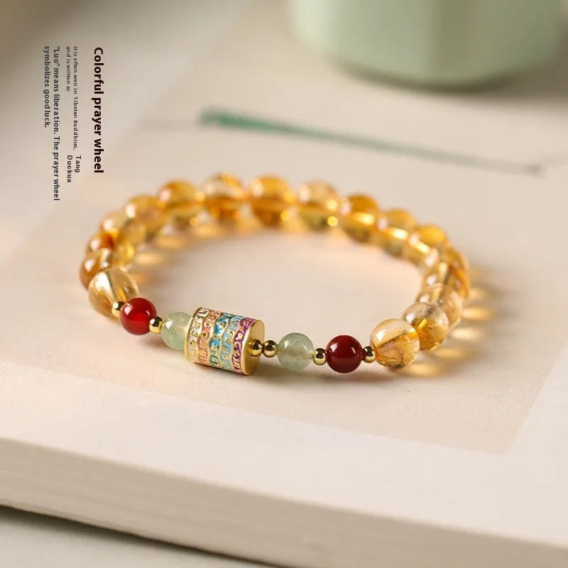 Yellow citrine prayer wheel bracelet with 8mm round beads in retro style