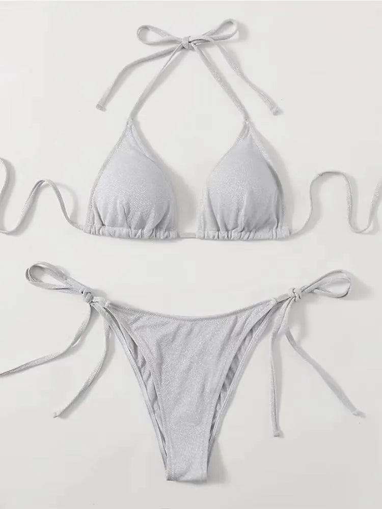 Women's split bandage style bikini swimsuit with halterneck top and briefs bottom in multiple colour options