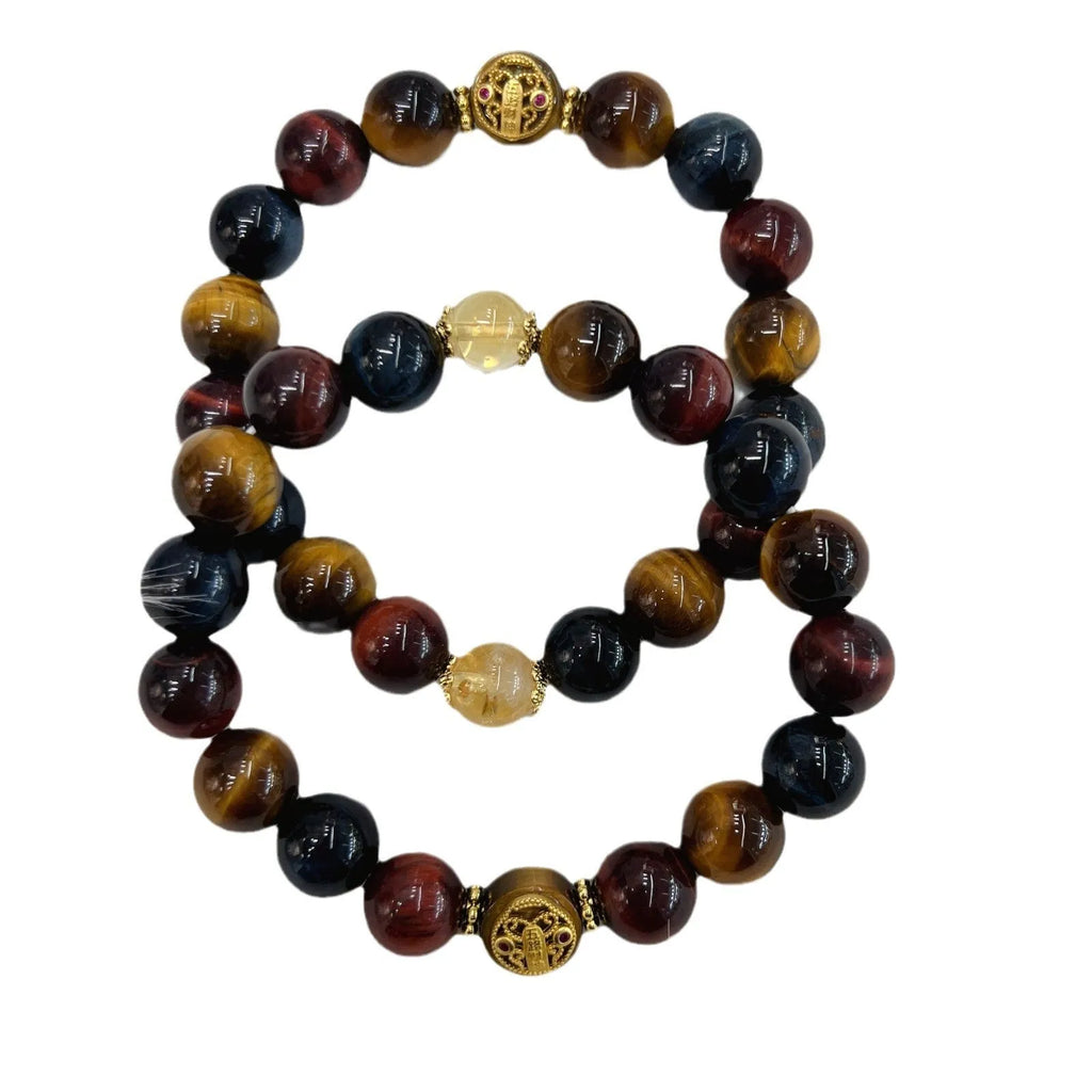 Natural tiger eye stone bracelet with loose round beads in Maillard style, 18cm length