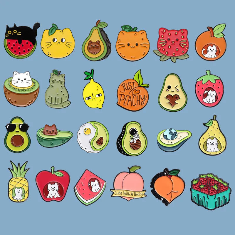 Colourful cartoon-style fruit and letter design zinc alloy brooch with pin back.