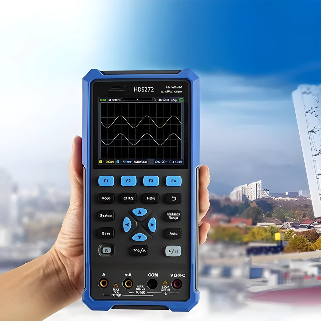 Owon HDS272 handheld digital oscilloscope with probes and accessories for portable electronics testing