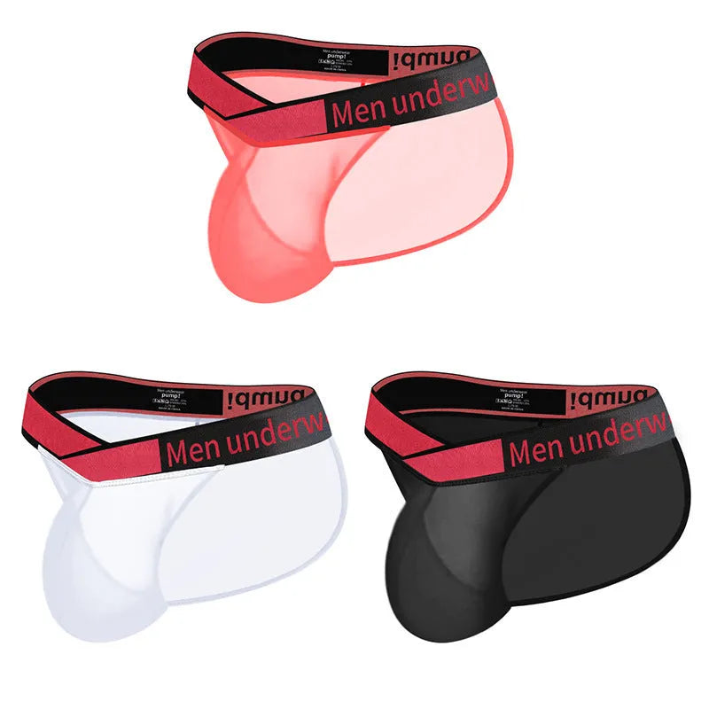 Men's transparent ice silk briefs with large V gradient high fork design in nylon fabric