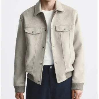 British style suede velvet commuter jacket in mink colour with long sleeves