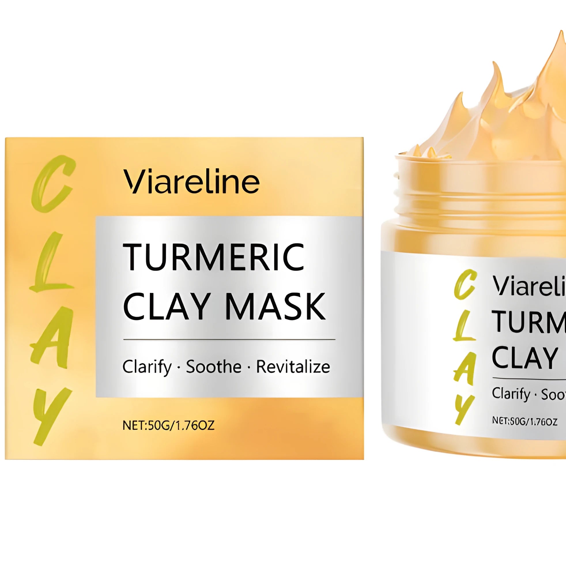 A 50g pot of yellow turmeric glossy mud mask with a small application brush.