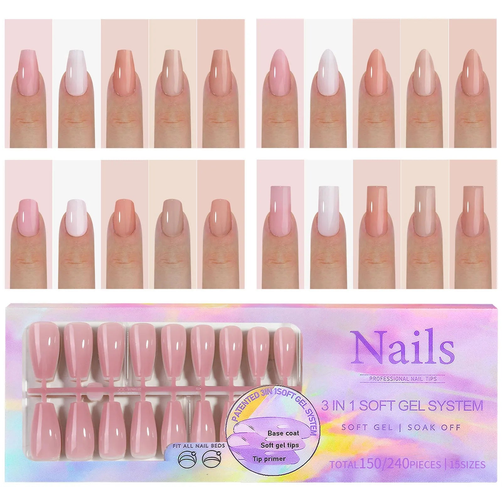 Box of nude seamless removable nail stickers showing eight different colour variations.