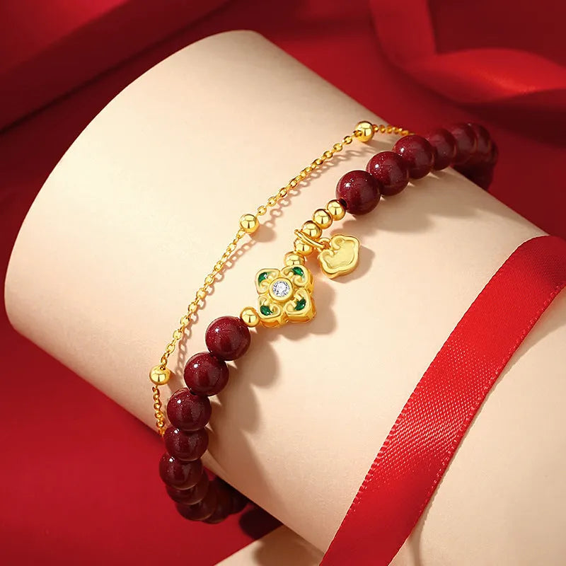 Women's sterling silver bracelet with Ruyi Xiangyun cinnabar flower traditional motifs