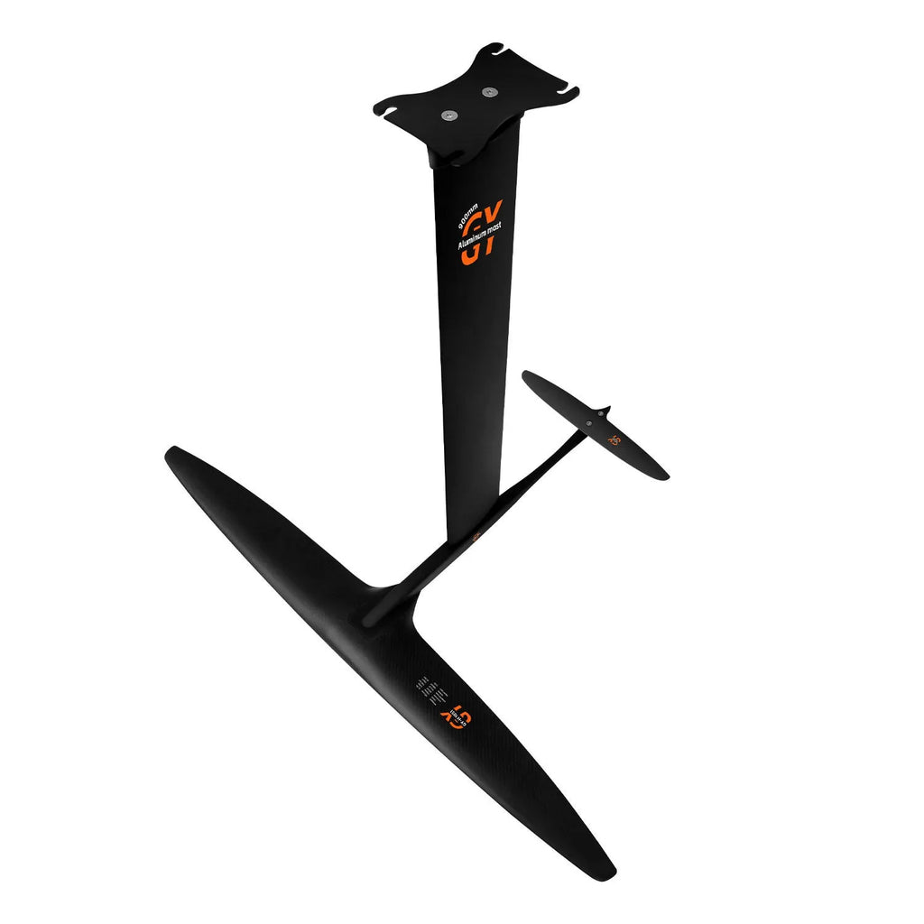 Black carbon fibre and aluminium alloy racing surf hydrofoil with a large 1051mm front wing.