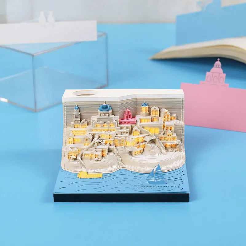 Santorini 3D paper carving notepad building model with LED lighting measuring 9x9x5 cm