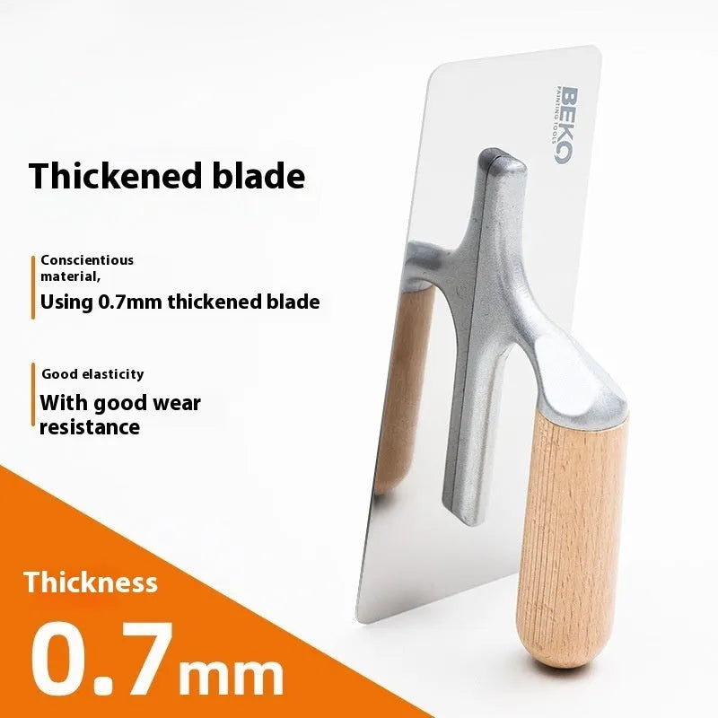 Stainless steel putty scraper with wooden handle in three size styles for cement and wall work