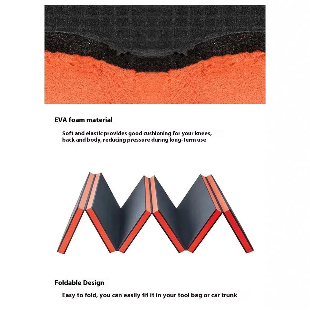 Large blue folding EVA foam kneeling mat for car repair and gardening, shown unfolded and folded.