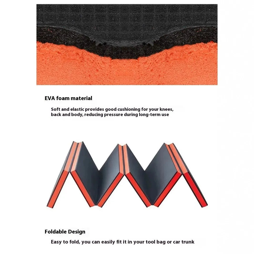 Large blue folding EVA foam kneeling mat for car repair and gardening, shown unfolded and folded.