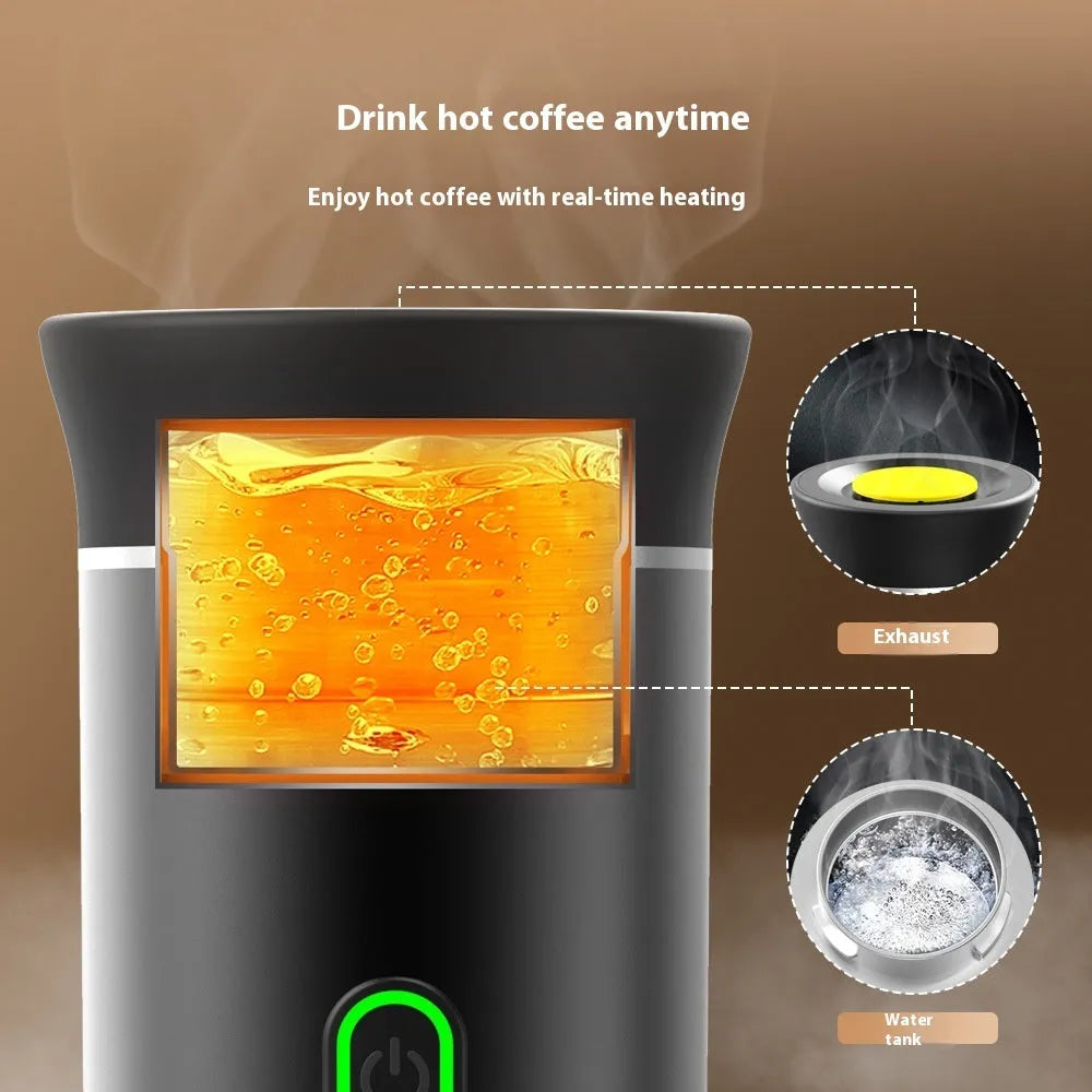 Portable 3-in-1 espresso coffee machine in black, white, grey, green, or silver with USB charging cable
