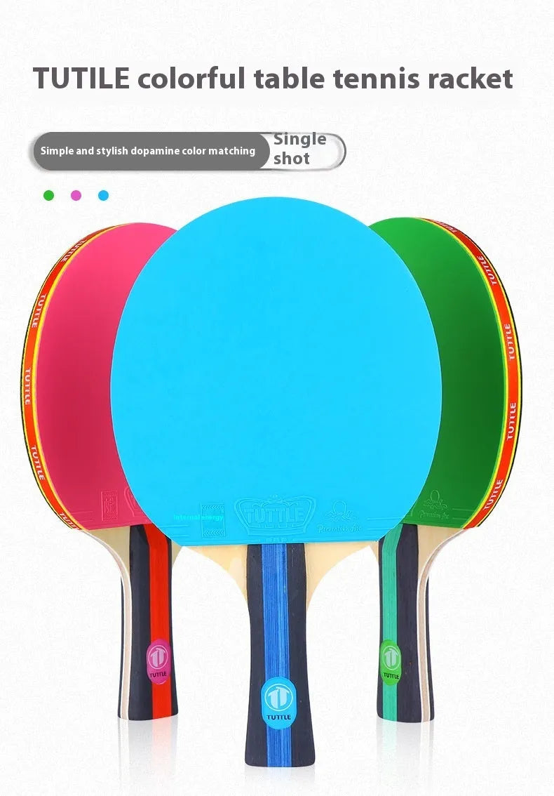 Pure wood table tennis racket with long blue shakehand grip handle and matching blue racket cover.