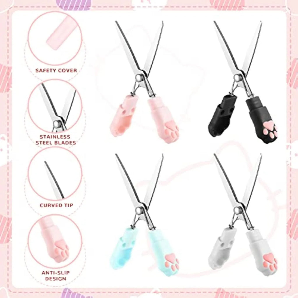 Closed and open views of cute cat paw design mini folding safety scissors on a craft background.
