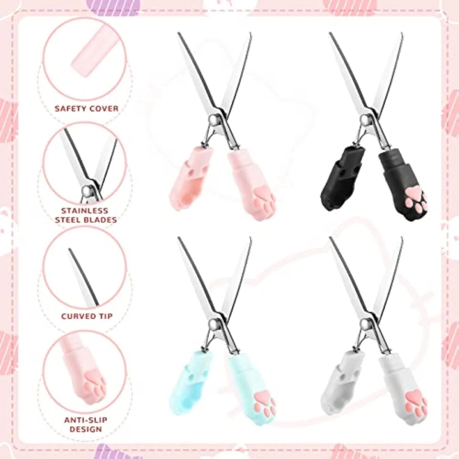 Closed and open views of cute cat paw design mini folding safety scissors on a craft background.