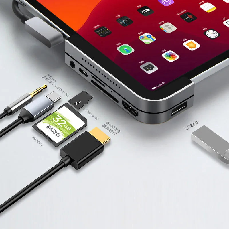 Silver aluminium grey USB-C 6-in-1 docking station for iPad Pro tablets with HDMI port.