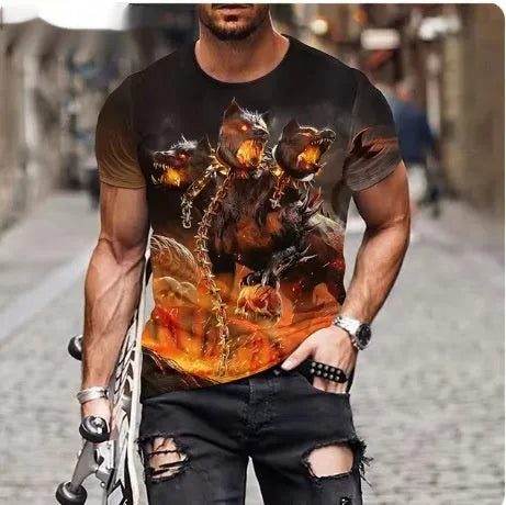 Men's black T-shirt with three-dimensional lion graphic print on front