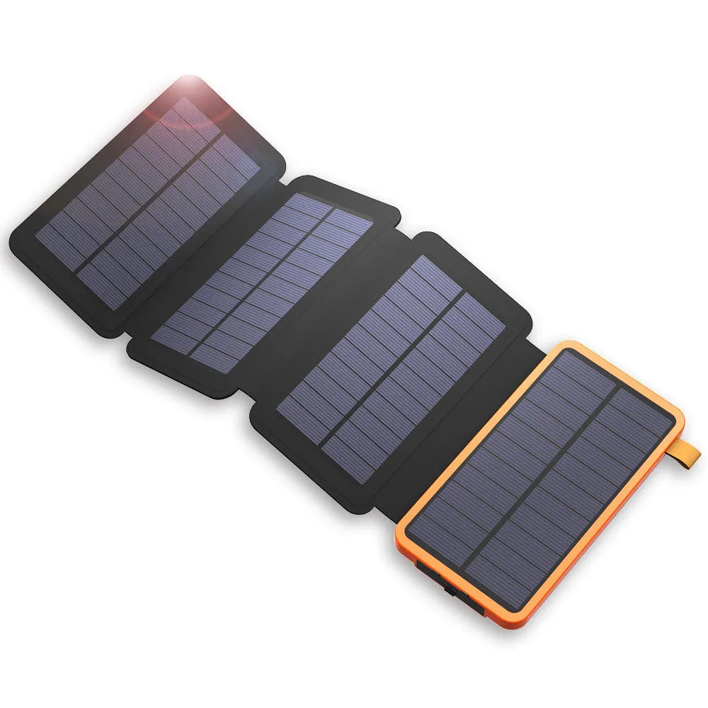 Outdoor solar phone charger with leather casing showing solar panel and LED light