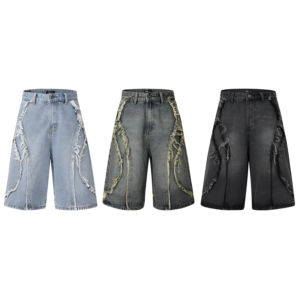 Men's distressed light blue denim shorts with raw edge detailing and a straight leg cropped cut.
