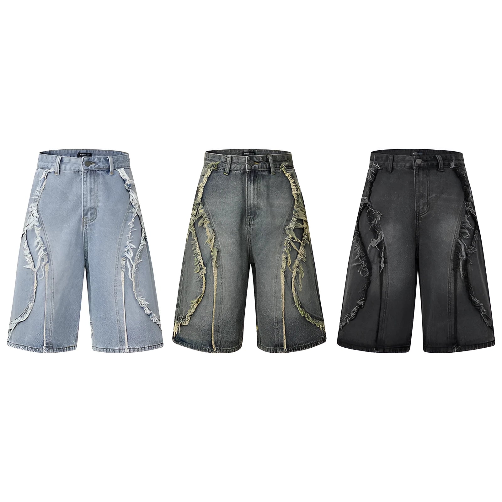 Men's distressed light blue denim shorts with raw edge detailing and a straight leg cropped cut.
