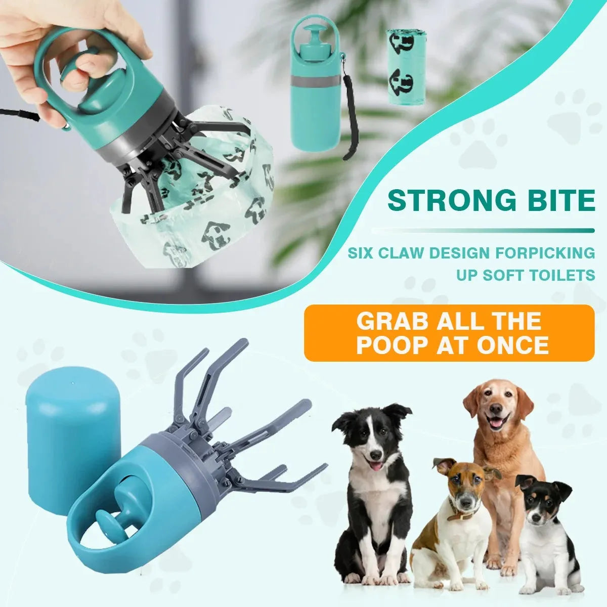 Blue and orange portable dog pooper scooper with claw design and integrated garbage bag dispenser