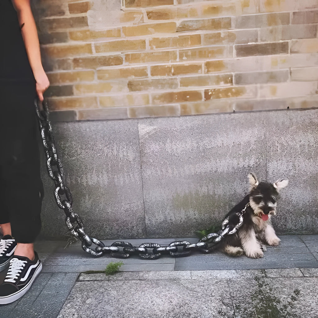 PP plastic novelty dog leash hand rope prop in bronze, antique silver, or black colours on a white background.