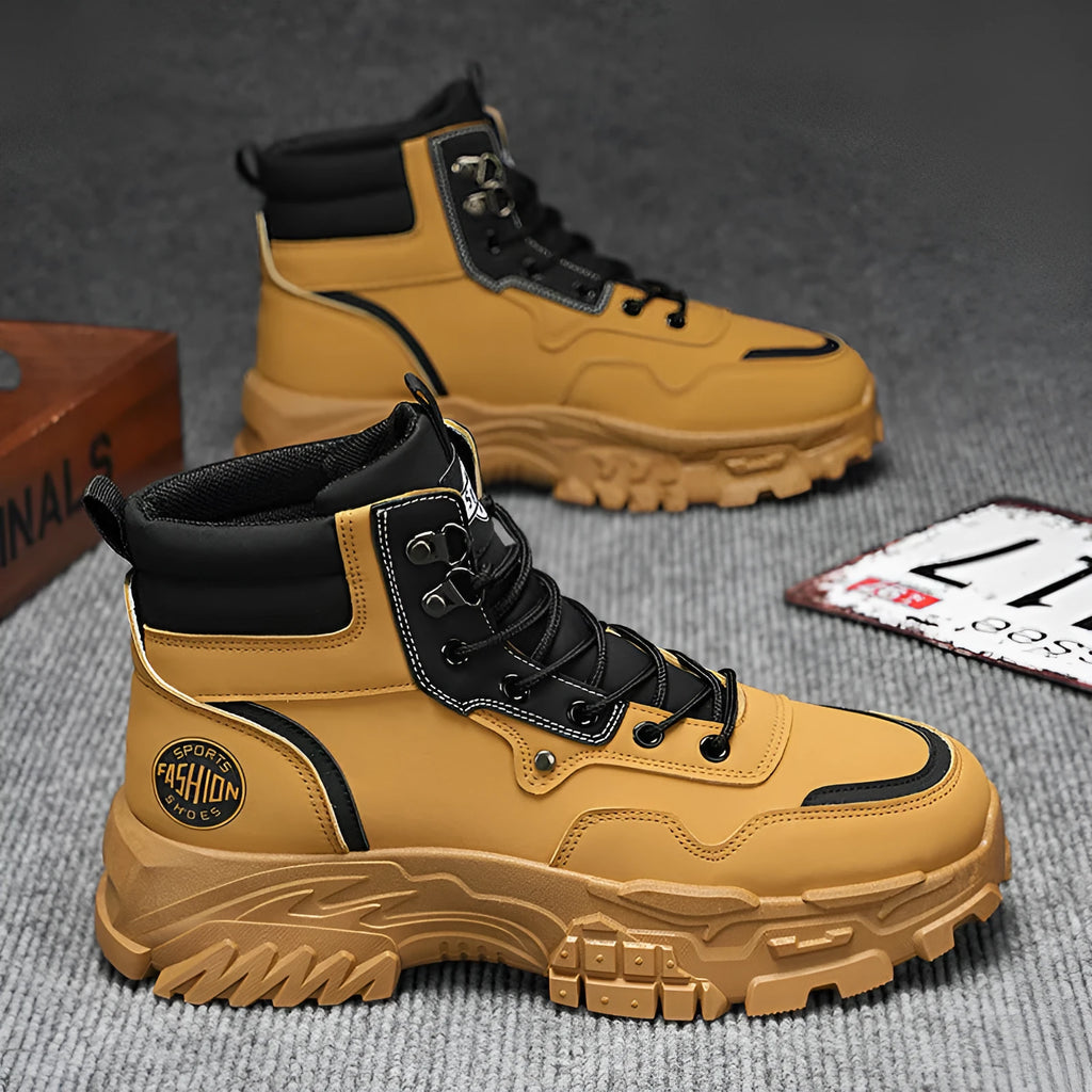 Men's black and yellow Martin work boots with mid-calf height and artificial PU upper