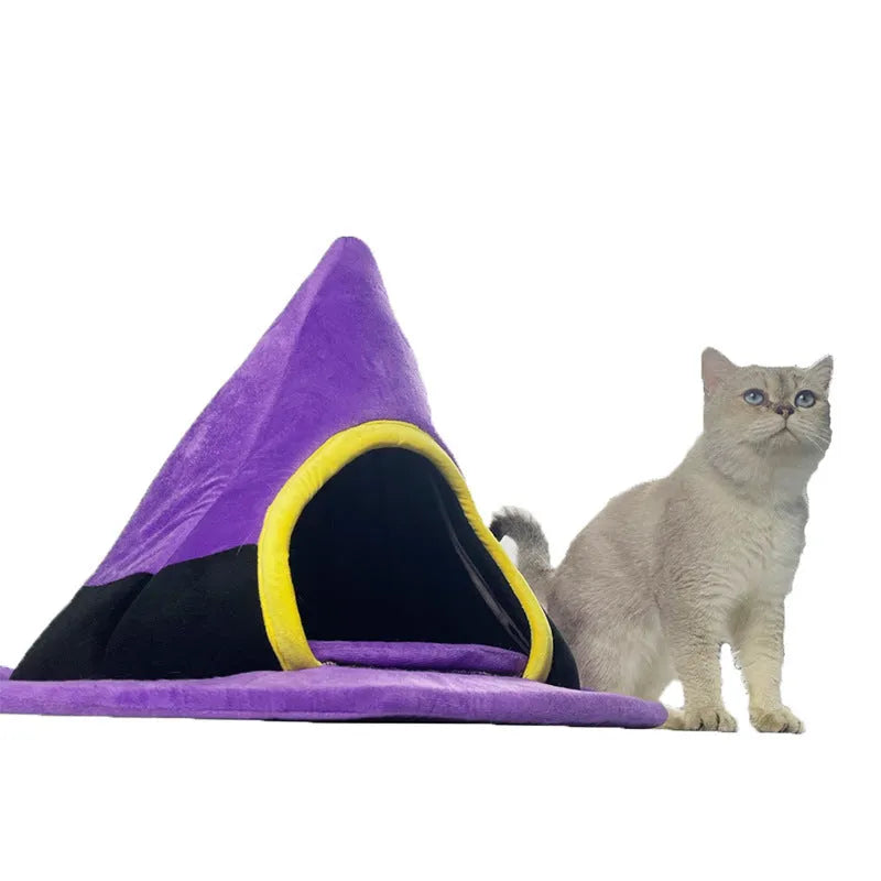 Purple Halloween witch hat shaped soft cloth cat nest bed for pets.