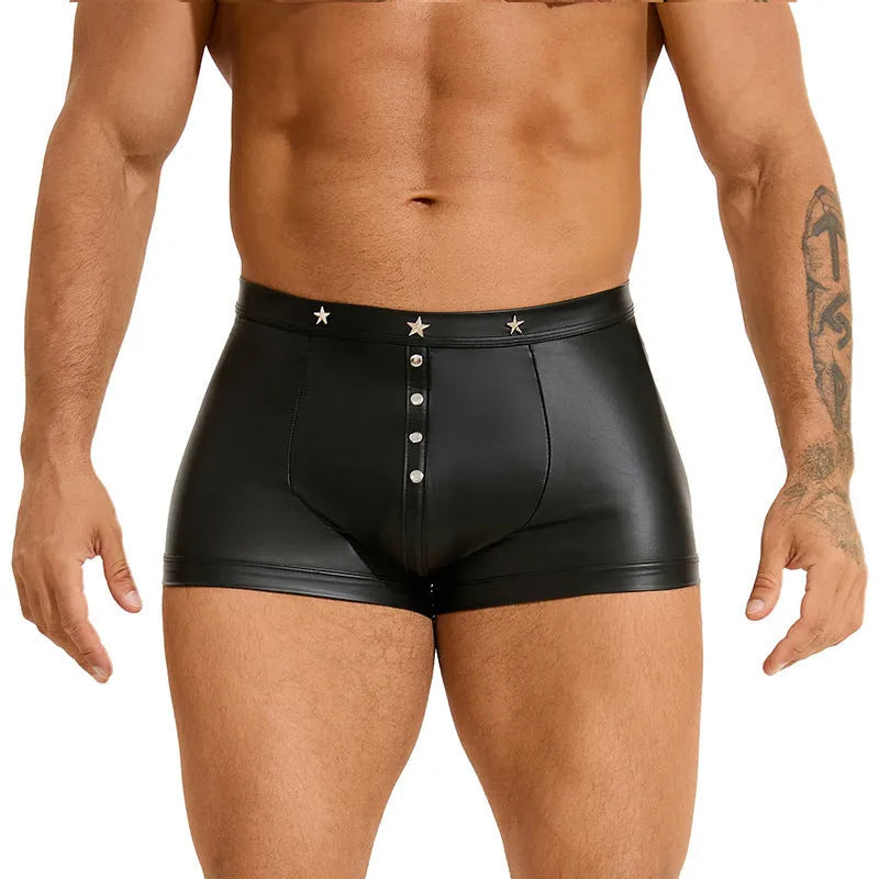 Black PU leather men's boxer shorts with a U-pouch design on a size chart.