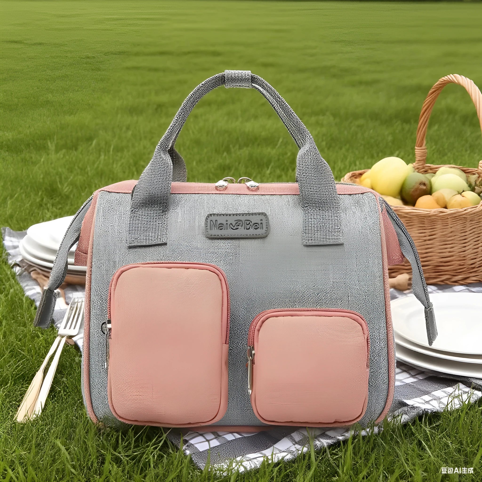 Grey Oxford cloth handbag showing its three-dimensional front pocket and large main compartment.