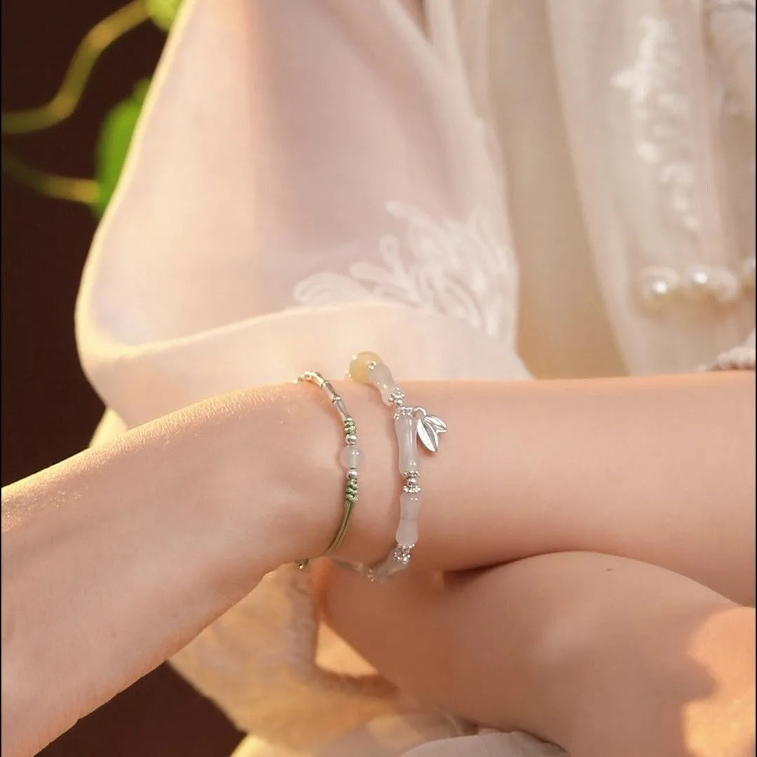Antique sterling silver bracelet with natural Tianshan green bamboo segments for women