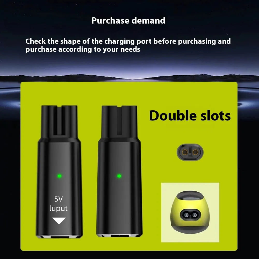 Black USB-C charging adapter for electric shaver with aluminium alloy case.