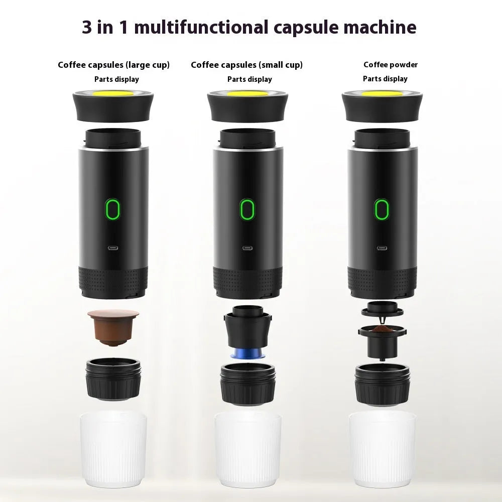 Portable 3-in-1 espresso coffee machine in black, white, grey, green, or silver with USB charging cable