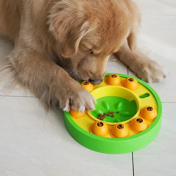 Lake blue interactive dog slow feeder bowl with central column and food turntable on a floor.