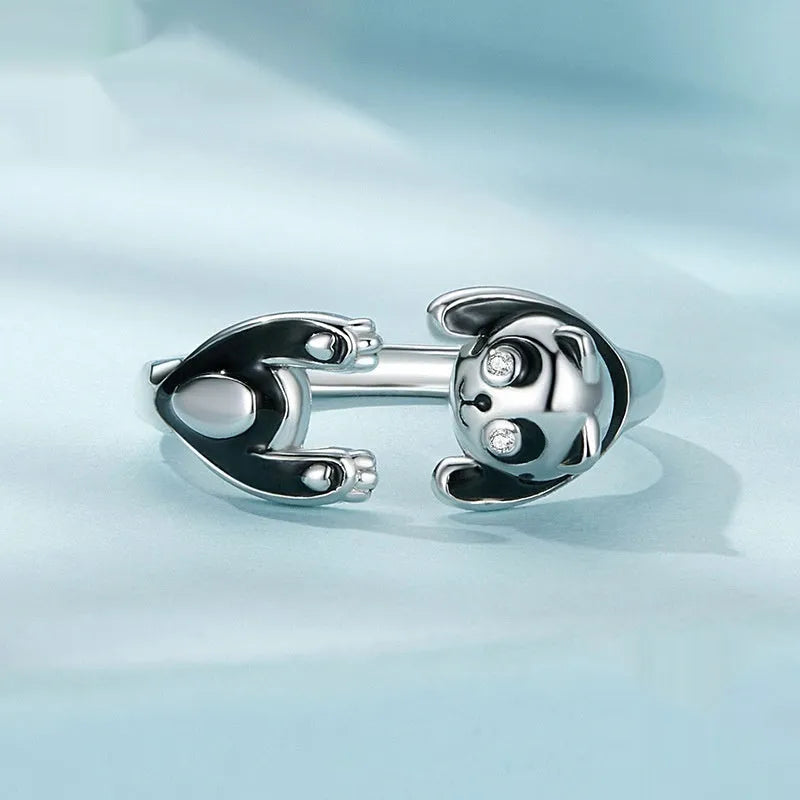 Adjustable panda open ring in sterling silver with white gold plating showing SCR969-E colour variant