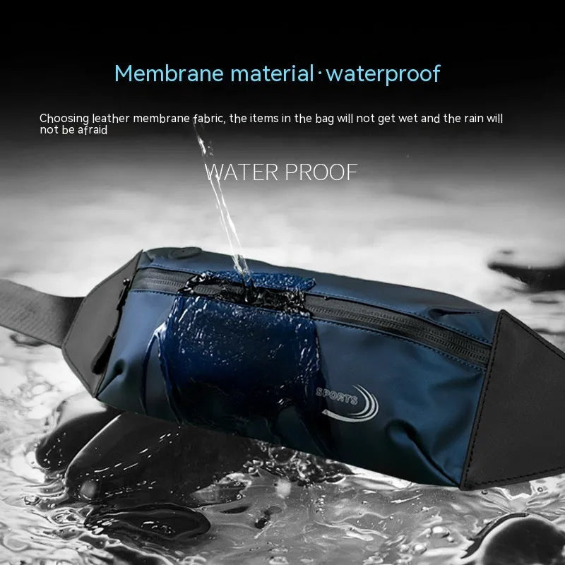 Men's blue waterproof Derm Oxford polyester waist bag for sports, showing its slim 45cm profile.